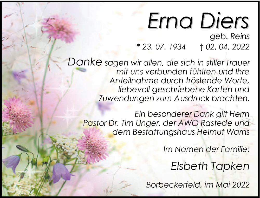  Traueranzeige für Erna Diers vom 21.05.2022 aus Nordwest-Zeitung