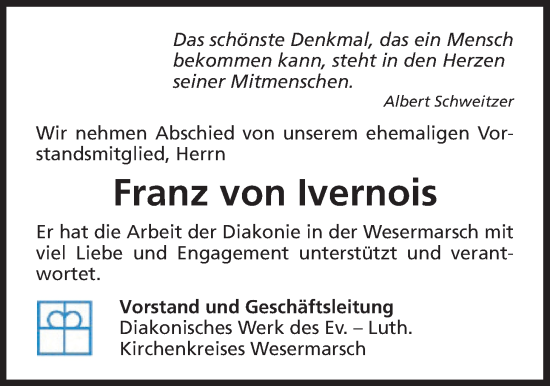 Traueranzeige von Franz von Ivernois von Nordwest-Zeitung