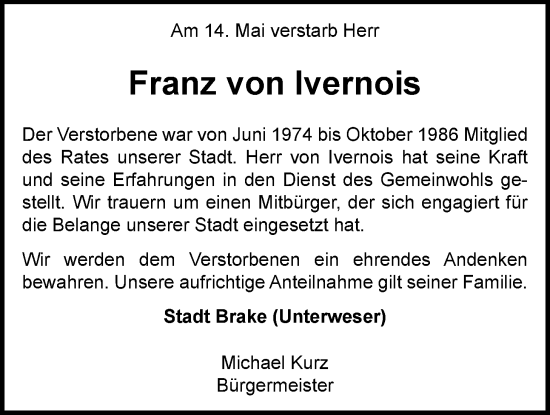 Traueranzeige von Franz von Ivernois von Nordwest-Zeitung