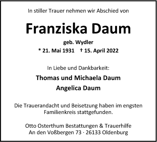 Traueranzeige von Franziska Daum von Nordwest-Zeitung