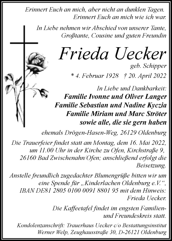 Traueranzeige von Frieda Uecker von Nordwest-Zeitung