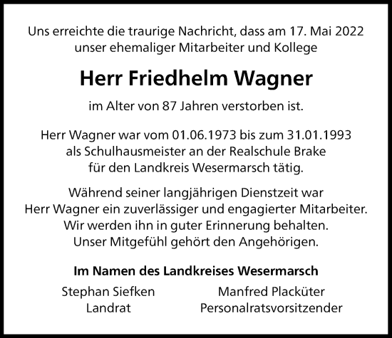 Traueranzeige von Friedhelm Wagner von Nordwest-Zeitung