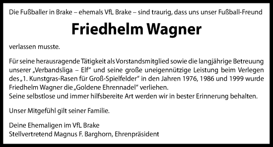 Traueranzeige von Friedhelm Wagner von Nordwest-Zeitung