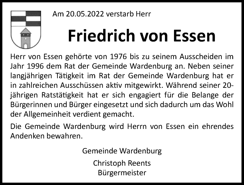  Traueranzeige für Friedrich von Essen vom 01.06.2022 aus Nordwest-Zeitung