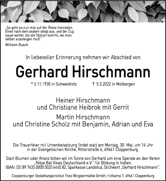 Traueranzeige von Gerhard Hirschmann von Nordwest-Zeitung