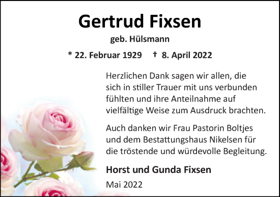 Traueranzeige von Gertrud Fixsen von Nordwest-Zeitung