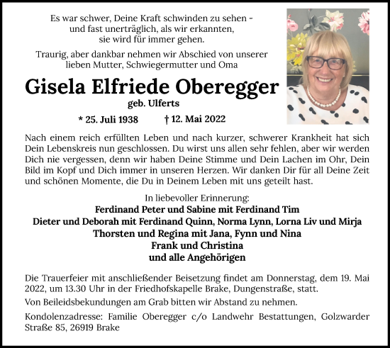 Traueranzeige von Gisela Oberegger von Nordwest-Zeitung