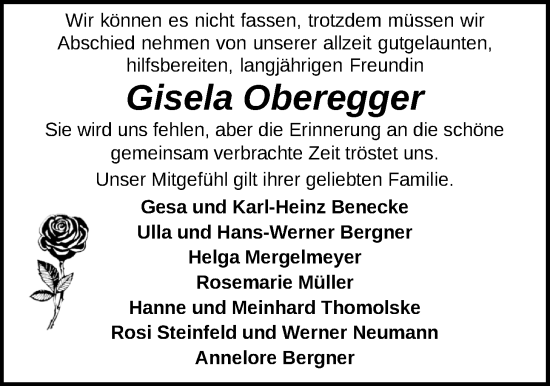 Traueranzeige von Gisela Oberegger von Nordwest-Zeitung