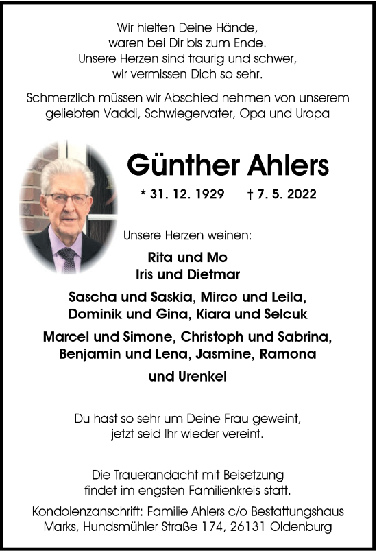 Traueranzeige von Günther Ahlers von Nordwest-Zeitung