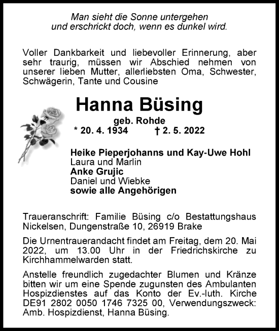 Traueranzeige von Hanna Büsing von Nordwest-Zeitung