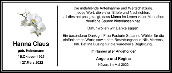 Traueranzeige von Hanna Claus von Nordwest-Zeitung