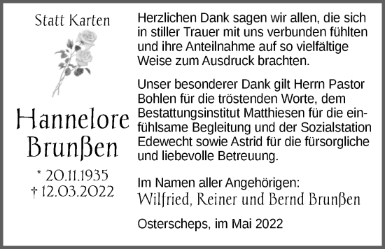 Traueranzeige von Hannelore Brunßen von Nordwest-Zeitung