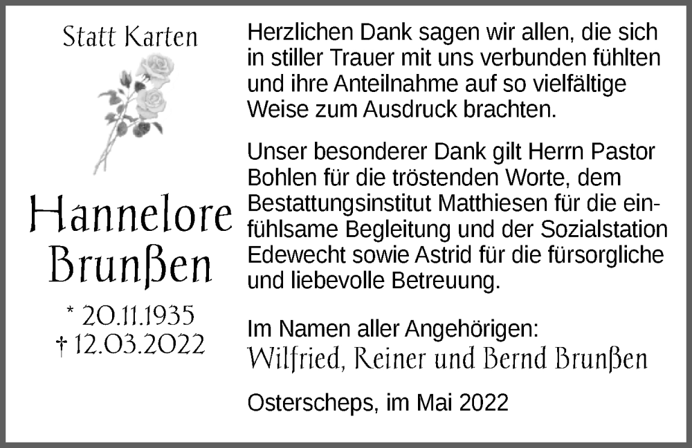  Traueranzeige für Hannelore Brunßen vom 28.05.2022 aus Nordwest-Zeitung