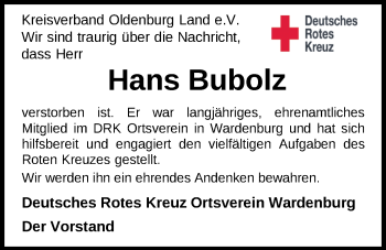 Traueranzeige von Hans Bubolz von Nordwest-Zeitung