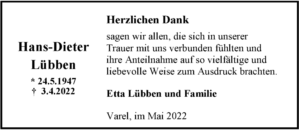  Traueranzeige für Hans-Dieter Lübben vom 07.05.2022 aus Nordwest-Zeitung