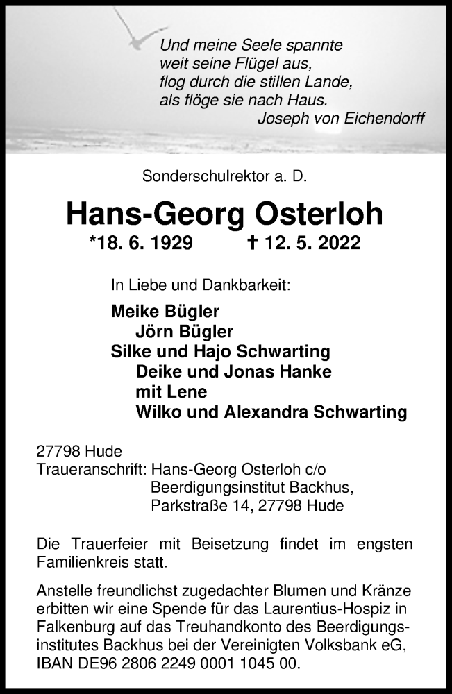 Traueranzeige für Hans-Georg Osterloh vom 14.05.2022 aus Nordwest-Zeitung