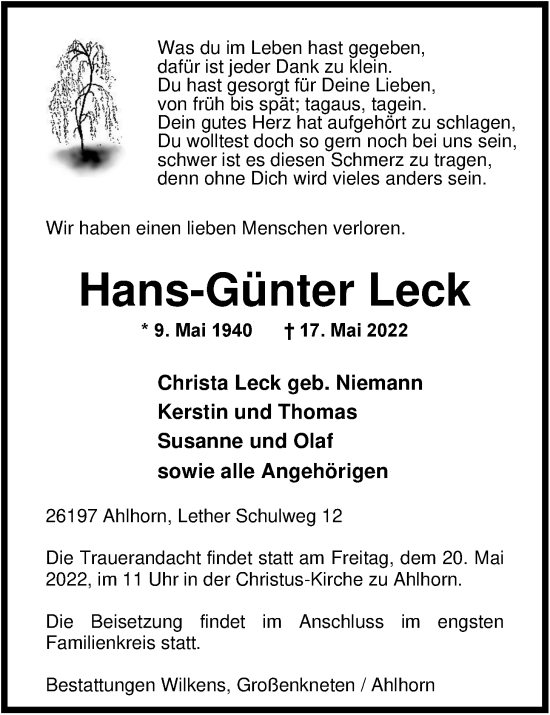 Traueranzeige von Hans-Günter Leck von Nordwest-Zeitung