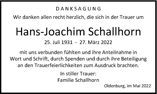 Traueranzeige von Hans-Joachim Schallhorn von Nordwest-Zeitung