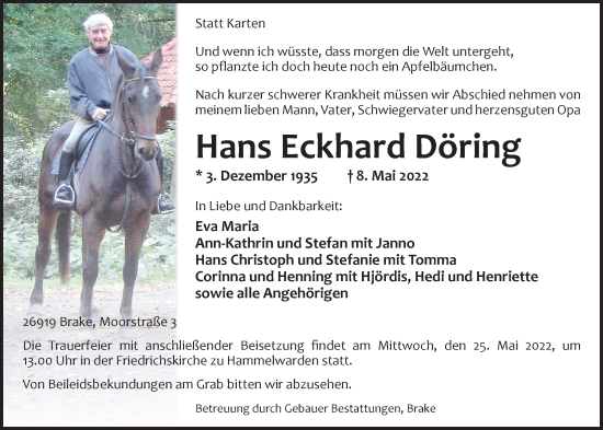 Traueranzeige von Hans Eckhard Döring von Nordwest-Zeitung