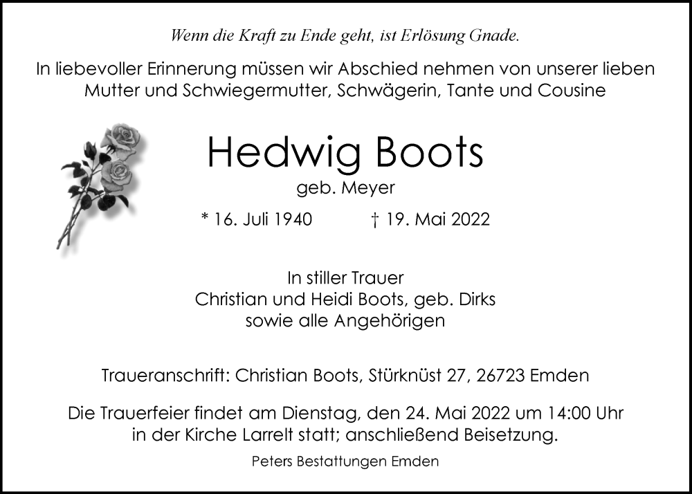  Traueranzeige für Hedwig Boots vom 21.05.2022 aus Emder Zeitung