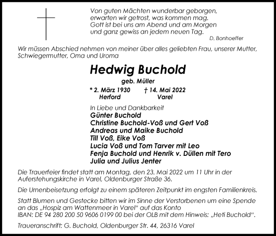 Traueranzeige von Hedwig Buchold von Nordwest-Zeitung