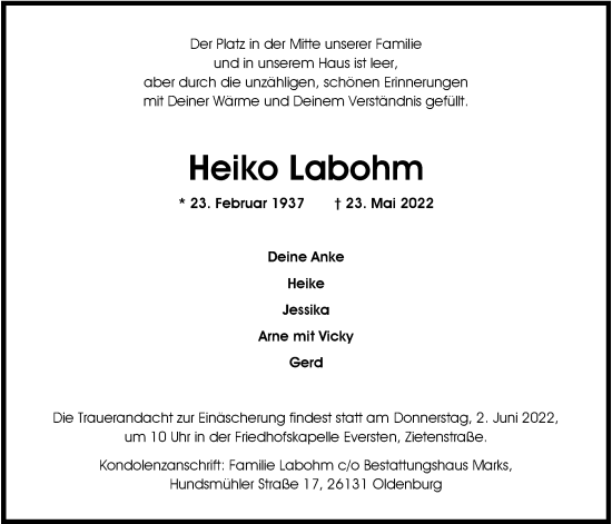 Traueranzeige von Heiko Labohm von Nordwest-Zeitung