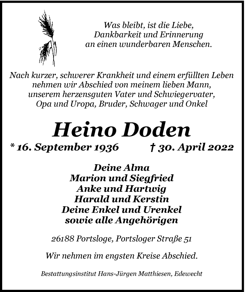  Traueranzeige für Heino Doden vom 03.05.2022 aus Nordwest-Zeitung