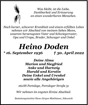 Traueranzeige von Heino Doden von Nordwest-Zeitung