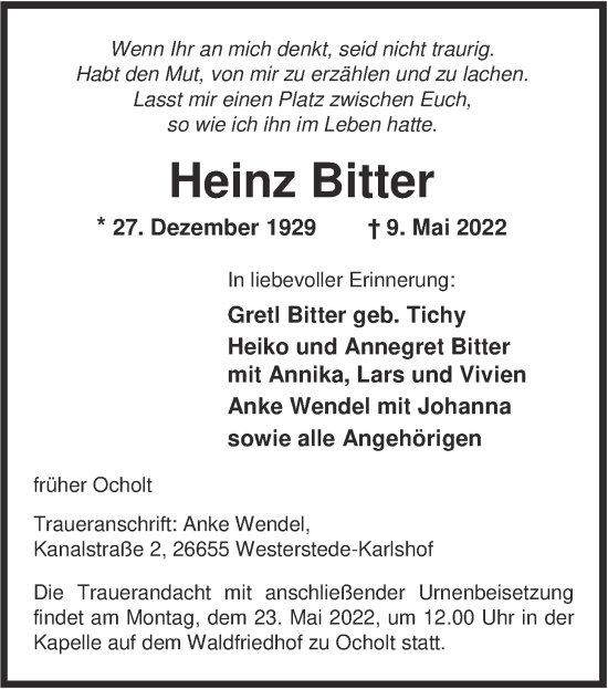 Traueranzeige von Heinz Bitter von Nordwest-Zeitung