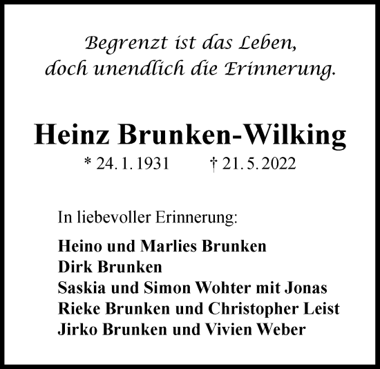 Traueranzeige von Heinz Brunken-Wilking von Nordwest-Zeitung