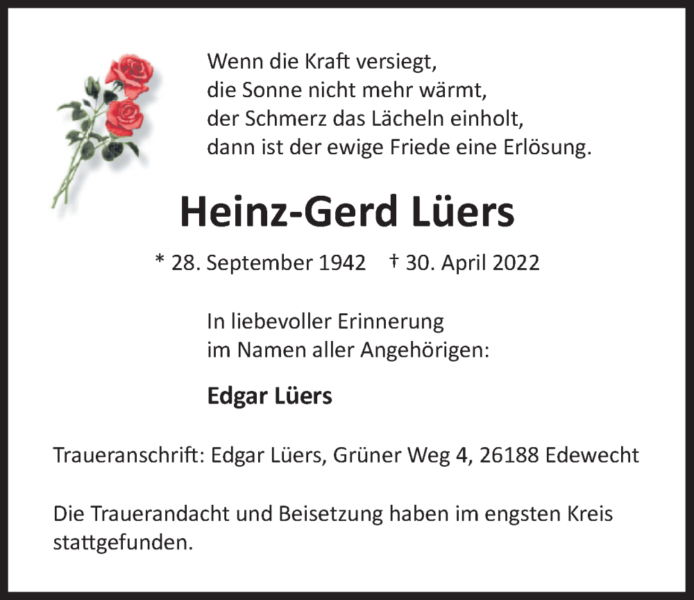  Traueranzeige für Heinz-Gerd Luers vom 14.05.2022 aus Nordwest-Zeitung
