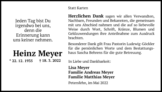 Traueranzeige von Heinz Meyer von Nordwest-Zeitung