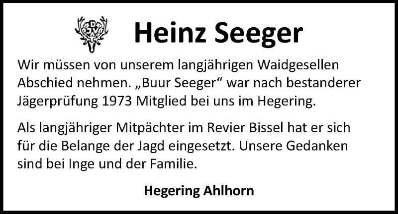  Traueranzeige für Heinz Seeger vom 03.05.2022 aus Nordwest-Zeitung