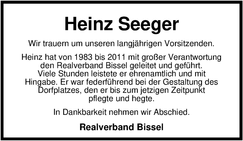  Traueranzeige für Heinz Seeger vom 03.05.2022 aus Nordwest-Zeitung