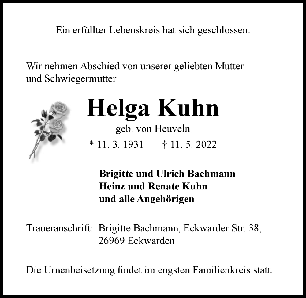  Traueranzeige für Helga Kuhn vom 14.05.2022 aus Nordwest-Zeitung