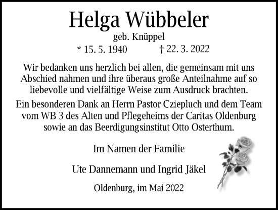 Traueranzeige von Helga Wübbeler von Nordwest-Zeitung