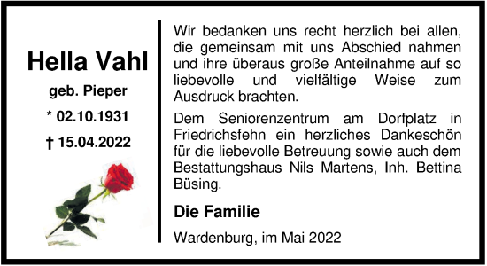 Traueranzeige von Hella Vahl von Nordwest-Zeitung