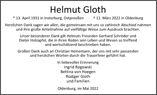 Traueranzeige von Helmut Gloth von Nordwest-Zeitung