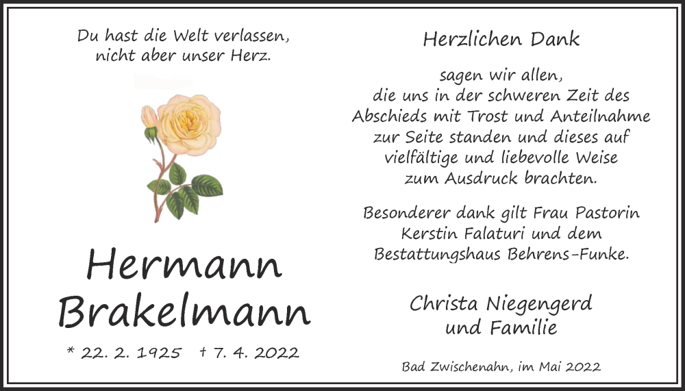  Traueranzeige für Hermann Brakelmann vom 20.05.2022 aus Nordwest-Zeitung