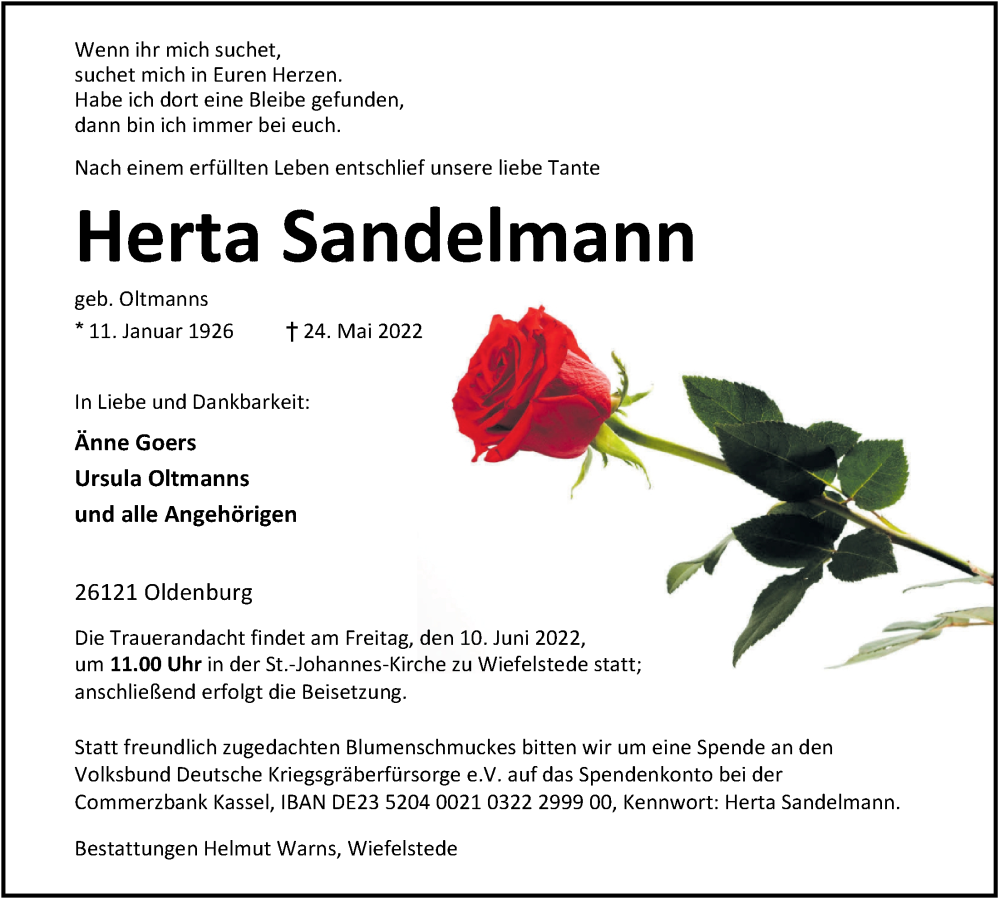  Traueranzeige für Herta Sandelmann vom 31.05.2022 aus Nordwest-Zeitung