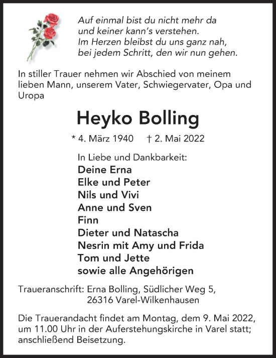 Traueranzeige von Heyko Bolling von Nordwest-Zeitung