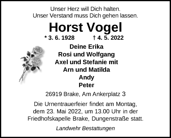 Traueranzeige von Horst Vogel von Nordwest-Zeitung