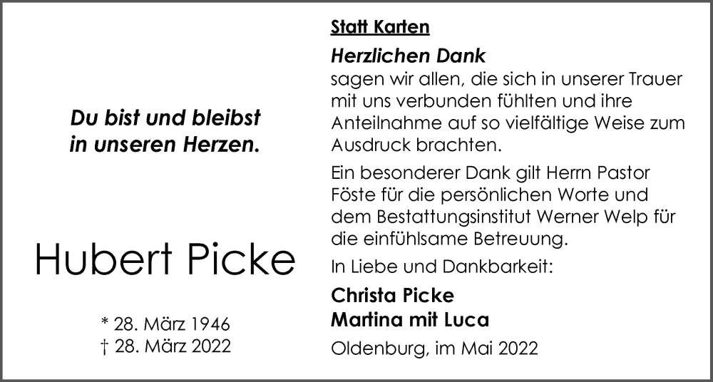 Traueranzeige für Hubert Picke vom 28.05.2022 aus Nordwest-Zeitung