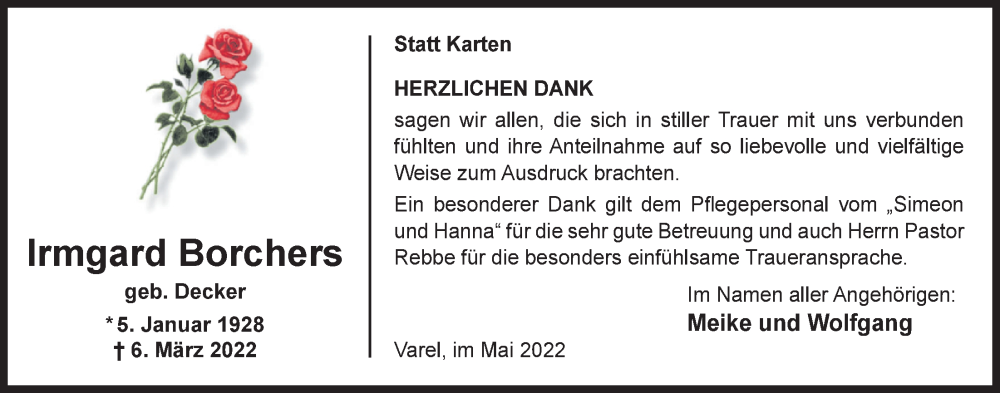  Traueranzeige für Irmgard Borchers vom 20.05.2022 aus Nordwest-Zeitung