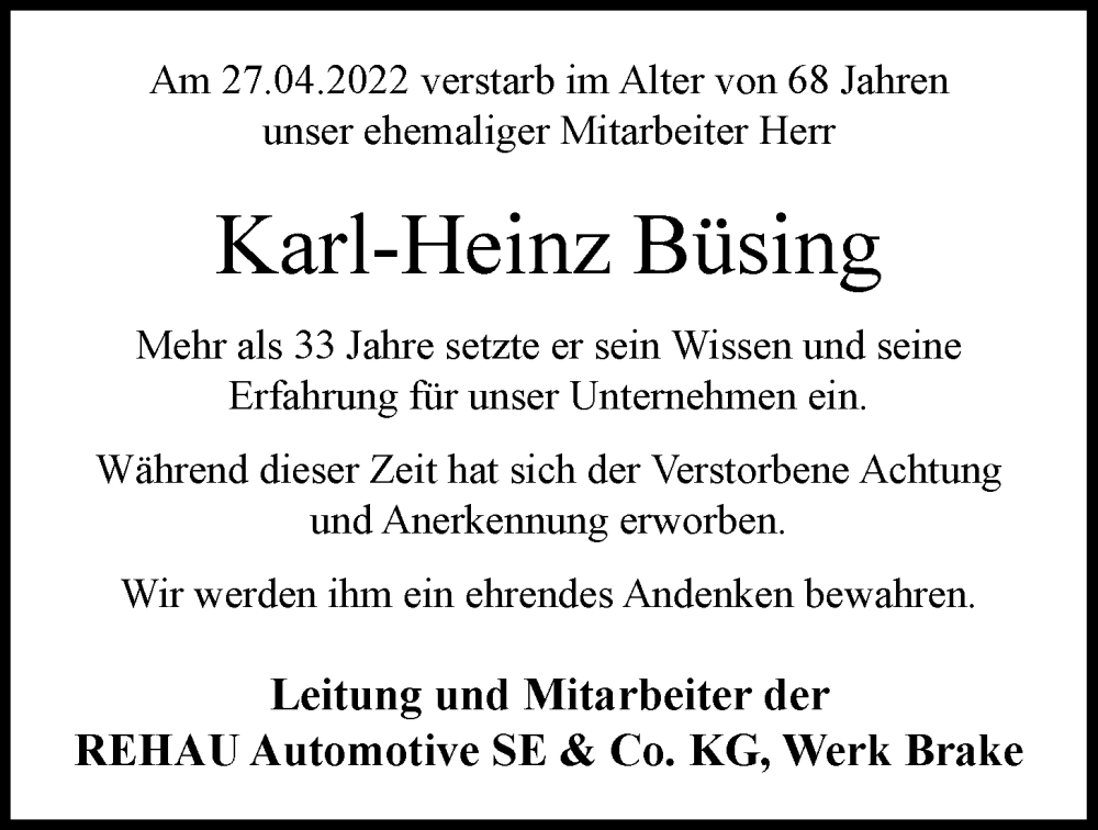  Traueranzeige für Karl-Heinz Büsing vom 06.05.2022 aus Nordwest-Zeitung