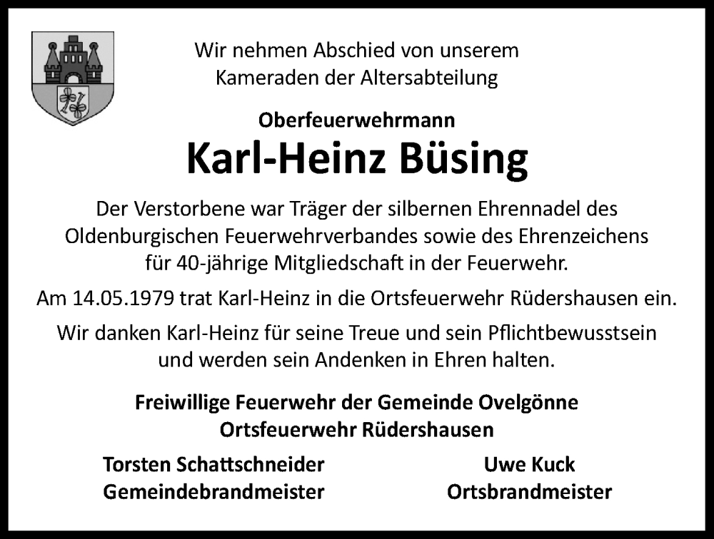  Traueranzeige für Karl-Heinz Büsing vom 05.05.2022 aus Nordwest-Zeitung