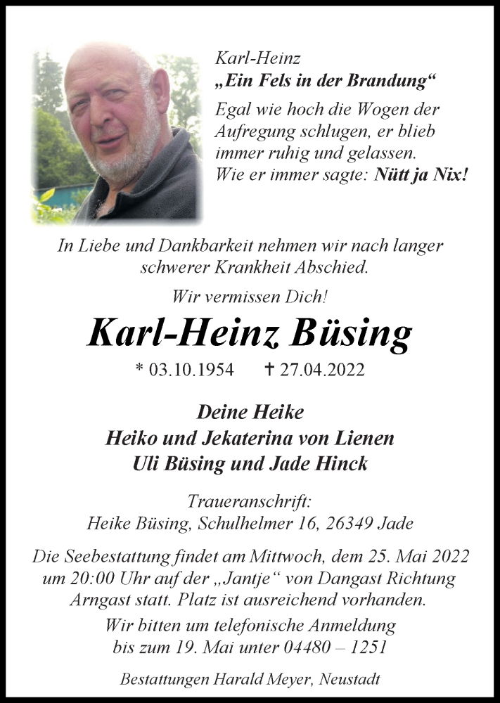  Traueranzeige für Karl-Heinz Büsing vom 05.05.2022 aus Nordwest-Zeitung