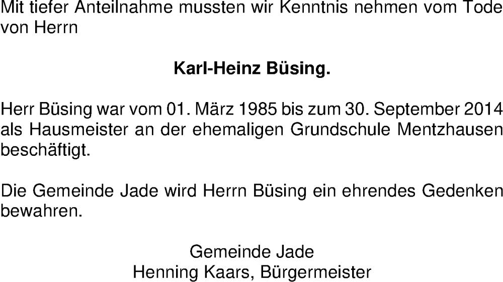  Traueranzeige für Karl-Heinz Büsing vom 06.05.2022 aus Nordwest-Zeitung