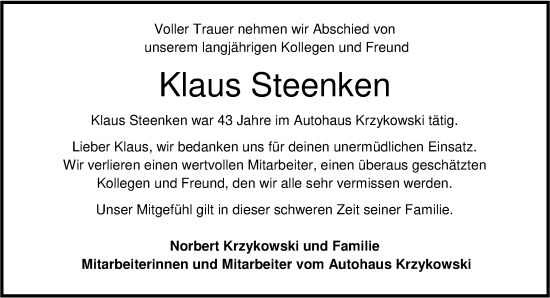 Traueranzeige von Klaus Steenken von Nordwest-Zeitung