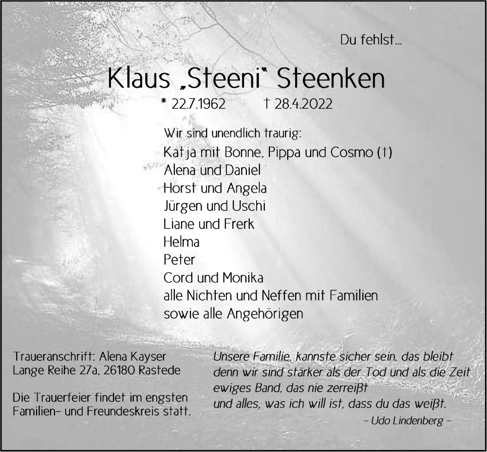  Traueranzeige für Klaus Steenken vom 07.05.2022 aus Nordwest-Zeitung